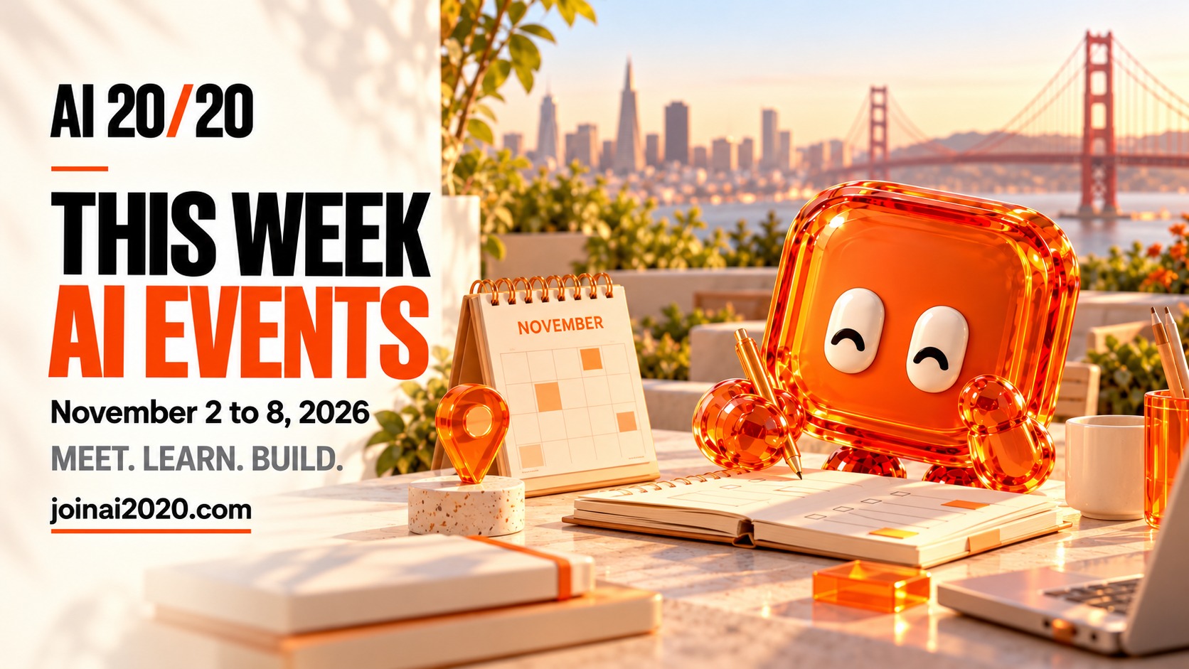 Orange glass AI 20/20 mascot at a sunny San Francisco desk, November 2 to 8, 2026.