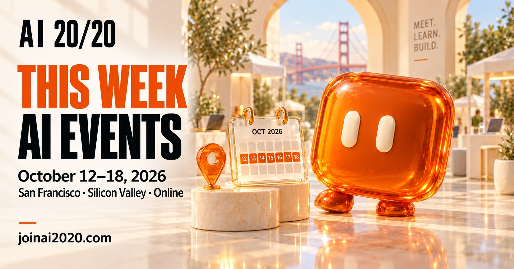 AI20/20 weekly events with the orange glass mascot and a calendar.