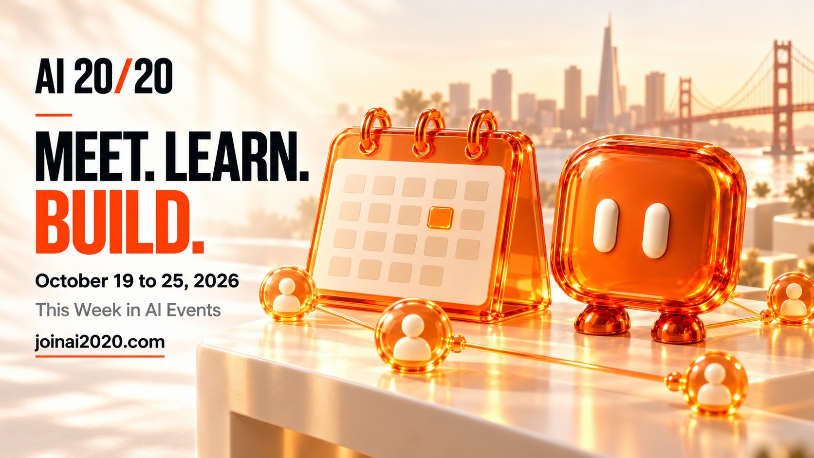 AI 20/20 orange glass mascot beside a calendar and San Francisco skyline. October 19 to 25, 2026.