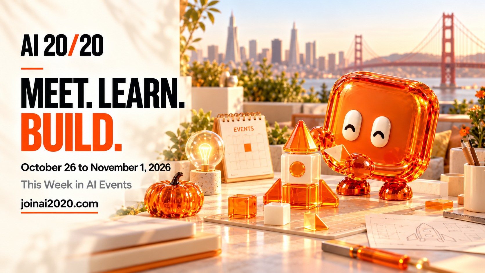 Orange glass AI 20/20 mascot and calendar, October 26 to November 1, 2026.