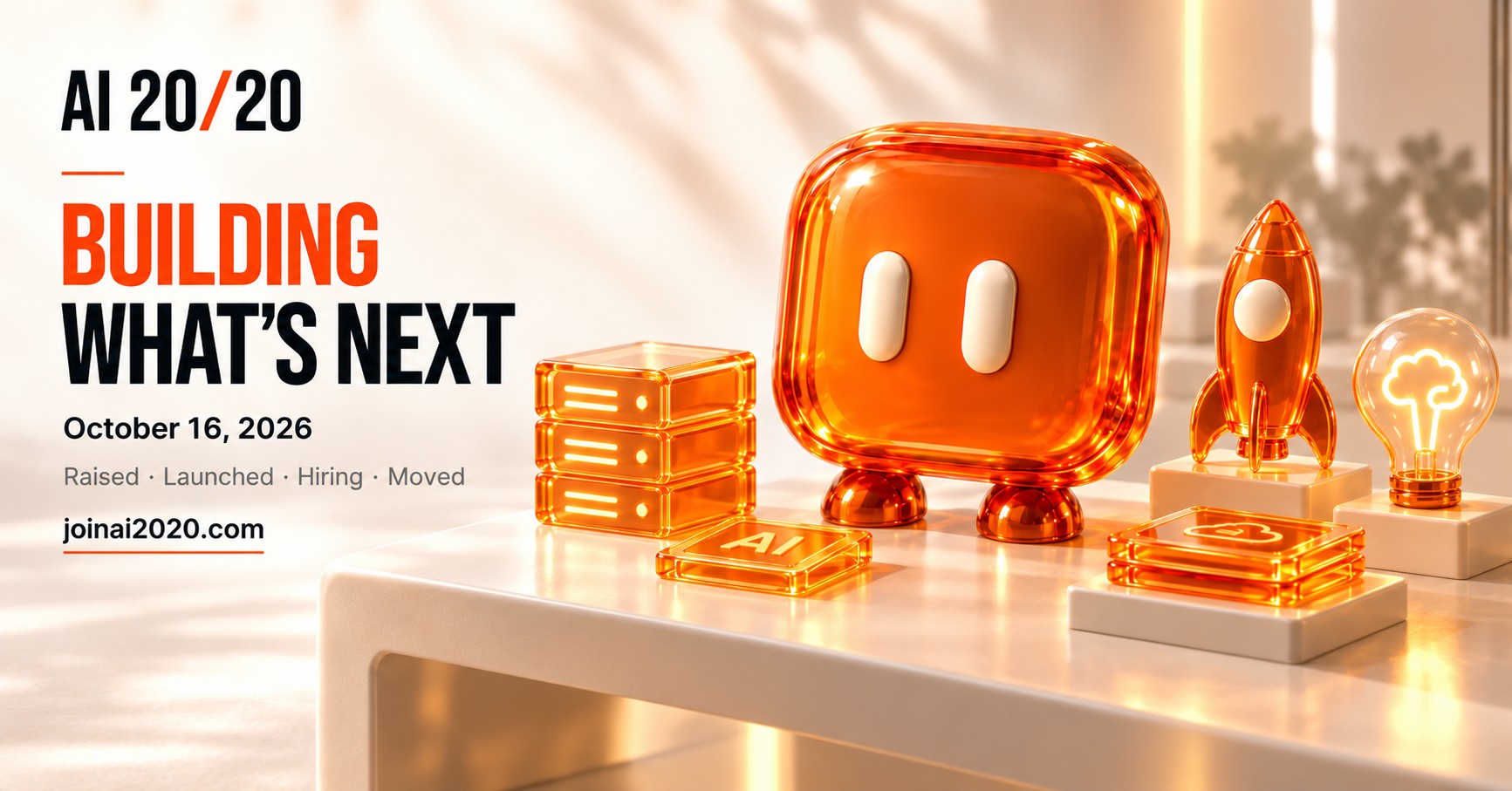 AI 20/20 orange glass mascot with computing blocks, rocket and lightbulb. October 16, 2026.