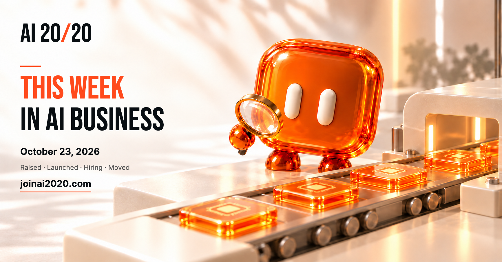 AI20/20 orange glass mascot inspecting a miniature factory conveyor. October 23, 2026.