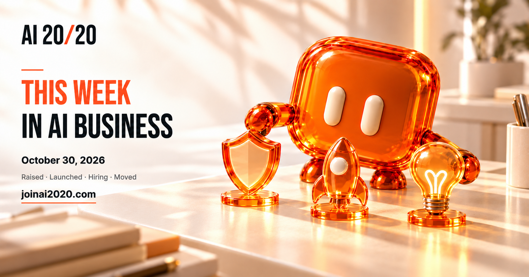 AI 20/20 orange glass mascot with a shield, rocket and lightbulb. October 30, 2026.